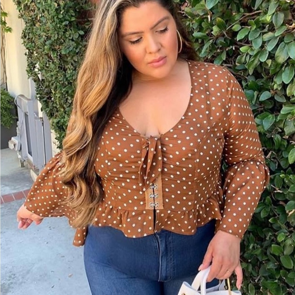 Brown Puff Sleeve Tie Front Blouse